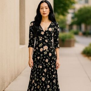 Floral Maxi Dress - Black & Peach